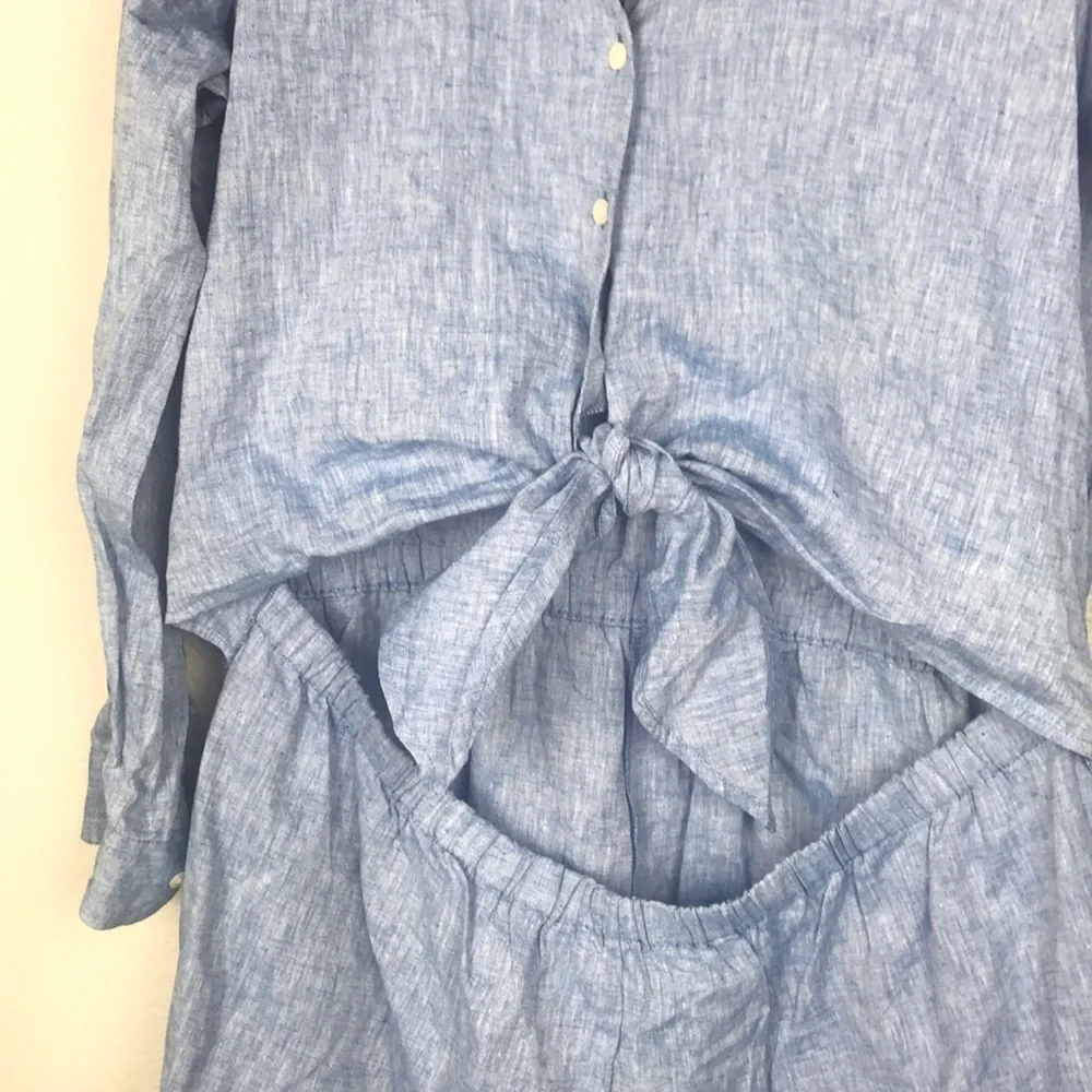 GAP blue linen blend tie front romper